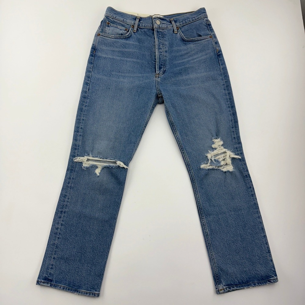 NWT AGOLDE Riley High Rise Straight Crop Jeans Women's 29 Distressed Blue